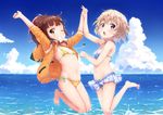  bangs bare_arms barefoot bikini blonde_hair breasts brown_hair cloud commentary_request day eyebrows_visible_through_hair from_side grin high_school_fleet holding_hands hood hood_down hoodie horizon irizaki_mei jacket jumping kasehk looking_at_viewer looking_to_the_side messy_hair multiple_girls navel ocean one_eye_closed open_mouth outdoors plaid plaid_bikini pleated_skirt purple_eyes short_hair skirt sky small_breasts smile swimsuit tateishi_shima water 
