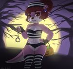  2016 animal_crossing anthro breasts brown_fur brown_hair cleavage clothed clothing ear_piercing female fingerless_gloves fur gloves hair halloween handcuffs hat holidays legwear lottie_(animal_crossing) mammal midriff moon mustelid nintendo otter piercing pink_fur prisoner shackles shinsuke skimpy smile solo stockings tree video_games 