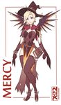  alternate_costume artist_name blonde_hair blue_eyes book breasts character_name cleavage eyeshadow full_body hat large_breasts looking_at_viewer makeup mechanical_wings mercy_(overwatch) overwatch pelvic_curtain simple_background smile solo thighhighs wings witch witch_hat witch_mercy x-teal2 