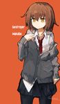  artist_name brown_hair cardigan cowboy_shot cowlick eyebrows eyebrows_visible_through_hair kantai_collection lansane long_sleeves necktie orange_background pantyhose red_neckwear short_hair simple_background skirt solo wakaba_(kantai_collection) yellow_eyes 