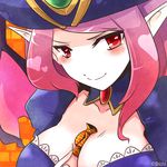  alternate_costume alternate_hair_color artist_name between_breasts bewitching_morgana blush breasts candy cleavage commentary food hat heart large_breasts league_of_legends long_hair morgana naughty_face pink_hair pointy_ears red_eyes smile solo stchi.wong watermark witch_hat 