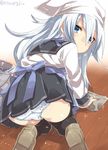  all_fours apron ass black_legwear black_skirt blue_eyes blush bucket from_behind hair_between_eyes head_scarf hibiki_(kantai_collection) kantai_collection long_hair long_sleeves looking_at_viewer looking_back panties pantyshot pleated_skirt print_panties rag school_uniform serafuku silver_hair skirt solo star star_panties star_print thighhighs torimaru twitter_username underwear white_panties 