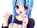  1girl :p artist_request blue_hair breasts character_request copyright_request cum cum_on_glasses glasses holding holding_glasses long_hair looking_at_viewer nipples red_eyes simple_background solo tongue tongue_out transparent_background 