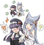  !! /\/\/\ 2girls :d ? animal_ears black_hair black_legwear blue_hair blush boots chasing chibi dress elbow_gloves embarrassed erune eyebrows eyebrows_visible_through_hair eyepatch gloves granblue_fantasy harvin highres holding iwanya korwa long_hair looking_at_another lunalu_(granblue_fantasy) mismatched_legwear mole mole_under_eye multiple_girls multiple_views nose_blush open_mouth outstretched_arms pen pointy_ears purple_eyes running sketchbook sleeveless sleeveless_dress sleeves_past_wrists smile spoken_exclamation_mark spoken_question_mark strapless strapless_dress surprised sweat sweatdrop swirl thigh_boots thighhighs very_long_hair white_background white_dress 