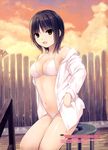  2016 :d absurdres bangs bare_legs bare_shoulders bikini black_hair blush breasts brown_eyes buttons cleavage cloud coffee-kizoku collarbone cowboy_shot evening eyebrows eyebrows_visible_through_hair fence highres leg_up long_sleeves looking_at_viewer medium_breasts navel off_shoulder open_clothes open_mouth open_shirt orange_sky original outdoors scan shirt sky smile solo standing standing_on_one_leg stomach stool swimsuit tareme thighs translation_request unbuttoned unbuttoned_shirt white_bikini wooden_fence wooden_floor 