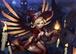  alternate_costume blonde_hair blue_eyes broom broom_riding candle fire flame floating hat highres looking_at_viewer mechanical_wings mercy_(overwatch) midair overwatch sidesaddle smile solo wings witch witch_hat witch_mercy yume_ou 