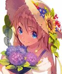  blonde_hair blue_eyes closed_mouth flower hat hydrangea long_hair looking_at_viewer original portrait smile solo sun_hat white_background yasumo_(kuusouorbital) 