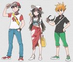  2boys :&lt; adjusting_clothes adjusting_hat arms_behind_back backpack bag bare_shoulders baseball_cap black_bra blue_(pokemon) bra bracelet brown_eyes brown_hair buttons capri_pants chocogrotto closed_mouth clothes_writing collarbone crop_top denim drinking eyewear_removed food fruit full_body green_pants hand_in_pocket hand_on_hip handbag hat high_heels holding holding_eyewear jeans jewelry lemon lemon_slice long_hair looking_at_viewer looking_to_the_side multiple_boys navel off_shoulder official_art official_style older ookido_green open_collar orange_eyes orange_hair pants parody pokemon pokemon_(game) pokemon_sm raglan_sleeves red_(pokemon) sarong serious shirt shoes short_hair smile sneakers spiked_hair strap style_parody sugimori_ken sun_hat sunglasses t-shirt underwear v-neck what_if white_hat 