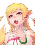  1girl :d bakemonogatari bare_shoulders blonde_hair bracelet child fangs gamerag jewelry long_hair looking_at_viewer monogatari_(series) open_mouth oshino_shinobu pointy_ears saliva simple_background smile solo teeth tongue tongue_out upper_body white_background yellow_eyes 