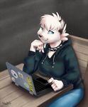  2016 anastasia anthro arctic arctic_fox blue_eyes breasts canine clothing collar computer digital_(artwork) female fluffy fox hoodie kalahari laptop looking_at_viewer mammal mixed_media paws simple_background smile solo studying table 
