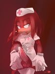  2016 5_fingers anthro balls black_nose clothed clothing costume crossdressing echidna erection fur gloves hair halloween holidays humanoid_penis hyper knuckles_the_echidna krazyelf leaking legwear long_hair male mammal monotreme nurse penis precum purple_eyes red_fur red_hair shy simple_background solo sonic_(series) standing teeth vein wet 