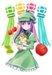 1girl animal animal_hug apple bangs blush bow cherry closed_mouth commentary_request dog dress eyebrows_visible_through_hair food frilled_dress frills fruit green_bow green_capelet green_dress green_hat hair_between_eyes hair_flaps hat hercule_barton highres long_hair long_sleeves mugi_(iccomae) plaid_hat purple_hair red_apple red_eyes smile solo tantei_opera_milky_holmes white_background 