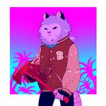  2016 ambiguous_gender anthro axe blood border clothed clothing drawdroid fingerless_gloves fireaxe frown fully_clothed fur gloves gore gradient_background grey_fur hi_res holding_object hotline_miami ian_(drawdroid) jacket letterman_jacket mammal marsupial melee_weapon opossum portrait rat_tail simple_background solo squint standing three-quarter_portrait weapon white_border 