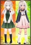  alternate_costume black_legwear blue_eyes cardigan dress dual_persona floral_print full_body green_dress kantai_collection long_hair multiple_girls open_mouth pink_dress plaid plaid_dress ro-500_(kantai_collection) silver_hair socks standing tan u-511_(kantai_collection) white_legwear yunamaro 