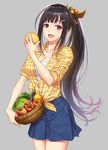  :d apple basket bell_pepper black_hair breasts cabbage cleavage eggplant food fruit hair_ornament hairclip highres large_breasts long_hair looking_at_viewer open_mouth original pepper ponytail purple_eyes shirt skirt smile solo tied_shirt tomato very_long_hair zhen_lu 
