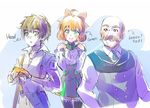  2boys ahoge bald bangs bow commentary curly_hair dress facial_hair freckles green_eyes hair_bow iesupa klein_sieben long_sleeves multiple_boys mustache neon_trim open_mouth orange_hair oscar_pine penny_polendina pointing pointing_at_self ribbon rwby short_dress smile thighhighs yellow_eyes zettai_ryouiki 