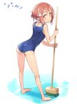  barefoot blush broom brown_hair cleaning_brush empty_pool hair_ornament hair_ribbon highres looking_at_viewer looking_back michairu one-piece_swimsuit red_eyes ribbon short_hair sketch smile solo swimsuit water yuuki_yuuna yuuki_yuuna_wa_yuusha_de_aru yuusha_de_aru 