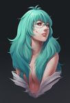  aqua_hair bangs bei_ju_luoxuan_wan black_background black_sclera blood blood_on_face blue_eyes breast_squeeze breasts eto_(tokyo_ghoul) eyelashes glasses hair_censor hair_over_breasts heterochromia highres long_hair looking_away medium_breasts mismatched_sclera parted_lips red_eyes rimless_eyewear solo tokyo_ghoul topless upper_body 