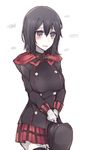  akitsu_maru_(kantai_collection) black_hair black_legwear blush breasts buttons eyebrows eyebrows_visible_through_hair fish gloves grey_eyes hat kantai_collection kvlen large_breasts pale_skin peaked_cap red_skirt short_hair skirt smile solo thighhighs 