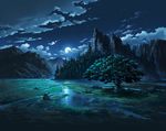  cloud cloudy_sky commentary_request dark forest full_moon grass marsh moon mountain nature night night_sky no_humans original outdoors river rock scenery sky skywatchers star_(sky) starry_sky tree water 