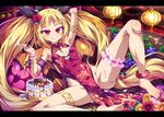  =d anklet armband bare_shoulders barefoot birthday birthday_cake blazblue blonde_hair blush bow bracelet breasts cake center_opening china_dress chinese_clothes covered_navel covered_nipples dress flower food hair_flower hair_ornament hair_ribbon happy_birthday icing jewelry lantern long_hair looking_at_viewer lying no_panties on_back pelvic_curtain pillow pumpkin rachel_alucard red_eyes ribbon sexually_suggestive shiny shiny_hair shiny_skin small_breasts smile solo spread_legs thigh_strap toenail_polish toraishi_666 twintails 
