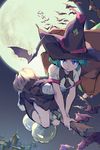  bare_shoulders bat black_legwear black_skirt blue_eyes broom broom_riding flying full_moon green_hair halloween hat highres kneehighs moon night night_sky open_mouth original pleated_skirt shirt short_hair short_sleeves skirt sky solo tennohi white_shirt witch witch_hat 