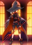  adjusting_clothes adjusting_hat bad_id bad_pixiv_id black_hair glowing halloween hat highres jack-o'-lantern long_hair long_sleeves original polearm puffy_short_sleeves puffy_sleeves pumpkin rezi short_over_long_sleeves short_sleeves solo trident weapon window witch_hat 