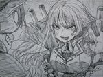  :d atago_(kantai_collection) battleship_hime blank_eyes bruise cannon clenched_teeth commentary greyscale highres horns injury kantai_collection kojima_takeshi leaning_forward lips long_hair looking_at_viewer machinery military military_uniform monochrome multiple_girls open_mouth shinkaisei-kan showdown sketch smile smug teeth uniform upper_body v-shaped_eyebrows 