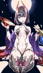  absurdres black_hair breasts cherry_blossoms cup fangs fate/grand_order fate_(series) hair_ornament highres horns japanese_clothes medium_breasts midriff navel oni oni_horns open_mouth sakazuki seiza shuten_douji_(fate/grand_order) sideboob sitting solo waninasimeshi 