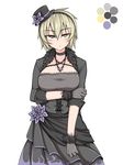  alternate_costume black_dress breast_hold breasts cleavage commentary_request corset cropped_jacket dress gloves green_eyes green_hair hat kuroba_rapid large_breasts mini_hat mini_top_hat short_hair soga_no_tojiko solo top_hat touhou 