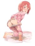  ass bangs barefoot bed_sheet bedwetting blush censored embarrassed fish full-face_blush full_body highres kneeling leaning_forward long_sleeves looking_back michairu novelty_censor pajamas panties pants_pull pee pee_stain peeing peeing_self pink_pajamas pulled_by_self red_eyes red_hair shoes short_hair simple_background soles solo stained_clothes stained_panties tareme teardrop underwear undressing white_background yuuki_yuuna yuuki_yuuna_wa_yuusha_de_aru yuusha_de_aru 