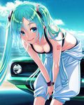  aqua_hair bare_shoulders bent_over black_bra black_panties blue_eyes blue_sky bra breasts car cleavage closed_mouth clothes_around_waist cloud collarbone crop_top day eyebrows eyebrows_visible_through_hair ground_vehicle hair_between_eyes hair_ornament hair_over_shoulder hamada_youho hatsune_miku hemi_cuda jumpsuit leaning_on_object lipstick long_hair looking_at_viewer makeup medium_breasts midriff motor_vehicle number off_shoulder outdoors panties plymouth plymouth_barracuda shade sky sleeveless smile solo sports_bikini sports_bra standing tank_top tattoo twintails underwear v_arms very_long_hair vocaloid watch wristband wristwatch 