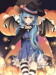  :q aqua_eyes aqua_hair bad_id bad_pixiv_id cape choker commentary_request cowboy_shot demon_tail demon_wings detached_sleeves dress earrings hair_bobbles hair_ornament halloween hat hatsune_miku highres hinata_(uzukitten) horns jack-o'-lantern jewelry long_hair looking_at_viewer nail_polish pointy_ears solo striped striped_legwear tail thigh_gap thighhighs tongue tongue_out twintails very_long_hair vocaloid wings witch_hat 