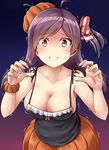  :d ahoge alternate_costume bow breasts brown_eyes brown_hair cleavage collarbone commentary_request cosplay grin hagikaze_(kantai_collection) hair_bow hair_ornament hair_ribbon halloween halloween_costume headwear highres kamelie kantai_collection libeccio_(kantai_collection) libeccio_(kantai_collection)_(cosplay) long_hair looking_at_viewer medium_breasts one_side_up open_mouth pose pumpkin_hat pumpkin_pants purple_hair ribbon smile solo spaghetti_strap tearing_up tears 