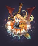  armor armored_boots bat_wings black_bow blonde_hair blue_eyes blush boots bow breastplate buckler charlotta_fenia dress fake_wings firuo_(king_fish) frilled_dress frills gauntlets granblue_fantasy halloween harvin highres holding holding_sword holding_weapon jack-o'-lantern long_hair orange_dress pointy_ears puffy_short_sleeves puffy_sleeves shield short_sleeves solo star sword weapon wings 