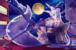  animal_ears arm_strap blue_eyes breasts bridal_gauntlets cleavage fox_ears full_moon highres japanese_clothes kazuki_seihou large_breasts leg_up long_hair md5_mismatch moon night night_sky original silver_hair sky solo sword thigh_strap thighhighs weapon 