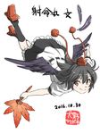  artist_name black_hair black_legwear black_skirt commentary_request dated feathered_wings feathers flying geta hat inuno_rakugaki kneehighs leaf_fan red_eyes shameimaru_aya simple_background skirt smile solo tengu-geta tokin_hat touhou white_background wings 