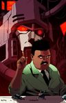  2015 ahrrr black_hair brown_eyes cables cartoon_network clothed clothing computer_screen cybertronian decepticon digital_media_(artwork) english_text facial_hair glowing hair hi_res human isaac_sumdac looking_at_viewer machine male mammal megatron mustache necktie not_furry numbers open_mouth red_eyes robot simple_background table teeth text transformers transformers_animated wires 