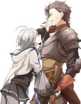  armor blue_eyes braid cigarette facial_hair gloves granblue_fantasy gun height_difference highres hood hooded_jacket jacket long_hair male_focus multiple_boys noa_(granblue_fantasy) rackam_(granblue_fantasy) silver_hair smile weapon 