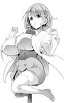  bouncing_breasts breasts commentary_request greyscale hair_ornament hairclip heart heart_hair_ornament huge_breasts jumping labcoat legs midair monochrome narusawa_ryouka occultic;nine school_uniform short_hair simple_background skirt soba_(saz) solo thighhighs thighs white_background 