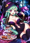  bat_wings black_legwear breasts cake candy eyes fang food fork full_moon ghost green_hair halloween hamburger hat highres horns jack-o'-lantern large_breasts long_hair moon navel night night_sky open_mouth original pointy_ears pumpkin purple_eyes rewolf sky solo star star-shaped_pupils symbol-shaped_pupils tattoo thighhighs wings witch_hat 