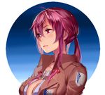  absurdres bad_id bad_pixiv_id belt bow breasts brown_jacket buttons cleavage collarbone emblem eyelashes gasai_yuno hair_between_eyes hair_ribbon hair_tie highres jacket large_breasts long_hair long_sleeves low_twintails mirai_nikki open_clothes open_jacket paradis_military_uniform pauld pink_bow pink_eyes pink_hair pink_lips pink_ribbon pocket ribbon shingeki_no_kyojin sidelocks smile solo strap survey_corps_(emblem) tress_ribbon twintails upper_body wing_print 