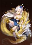  armlet bare_shoulders breasts cleavage collarbone dragon earrings flower hair_flower hair_ornament jewelry kneehighs long_hair medium_breasts rin_(seven_knights) seven_knights sitting smile sosoa white_hair white_legwear yellow_eyes 