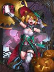  ;d absurdres bare_shoulders black_skirt blonde_hair breasts cellphone cleavage ghost gloves green_eyes hacka_doll hacka_doll_1 halloween halloween_costume hat highres jack-o'-lantern looking_at_viewer medium_breasts monologue_(tfrksg) one_eye_closed open_mouth phone pumpkin short_hair skirt smile solo thighhighs twintails v white_gloves white_legwear witch_hat 