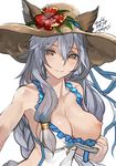  animal_ears breasts brown_eyes cleavage dated ears_through_headwear erune granblue_fantasy grey_hair hat heles huge_breasts long_hair looking_at_viewer nipples one-piece_swimsuit one_breast_out pupps simple_background smile solo sun_hat swimsuit veiny_breasts white_background 