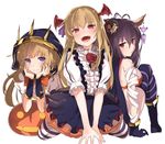  antenna_hair arm_support bat_wings black_hair blonde_hair blush bow breasts cagliostro_(granblue_fantasy) cape commentary_request crown danua draph fangs frilled_skirt frills girl_sandwich gloves granblue_fantasy hair_between_eyes half-closed_eyes halloween hands_on_own_cheeks hands_on_own_face hat head_wings horns kneeling large_breasts long_hair long_sleeves looking_at_viewer looking_back mini_hat multiple_girls open_mouth pointy_ears puffy_short_sleeves puffy_sleeves pumpkin purple_eyes red_eyes sandwiched sato_(samanosuke_0710) shingeki_no_bahamut shirt short_sleeves simple_background sitting skirt smile striped striped_legwear v_arms vampire vampy white_background wings 