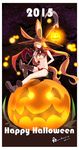  2015 animal_ears aosora_kamiya arm_behind_back bat boots breasts cleavage dated ears_through_headwear fang_out halloween hat highres holding holding_weapon jack-o'-lantern large_breasts long_hair looking_at_viewer looking_up navel night orange_hair original pink_eyes scythe single_thighhigh sitting sky smile solo star_(sky) starry_sky thighhighs torn_clothes torn_legwear twintails underboob very_long_hair weapon witch_hat 