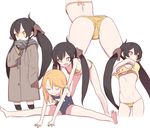  animal_print ass back bare_legs bare_shoulders barefoot bikini black_hair blush closed_eyes coat cropped_legs doremi flat_chest highres idolmaster idolmaster_cinderella_girls leopard_print long_hair matoba_risa multiple_girls multiple_views name_tag navel one-piece_swimsuit open_mouth orange_hair oversized_clothes scarf school_swimsuit shirt_lift short_hair sitting sleeves_past_wrists smile soles spread_legs stretch swimsuit twintails yellow_eyes yuuki_haru 