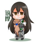  1girl animal animal_request bangs black_gloves black_legwear blush brown_eyes brown_hair chibi chikuma_(kantai_collection) closed_mouth commentary_request elbow_gloves full_body gloves gurageida hair_between_eyes holding holding_animal kantai_collection long_hair long_sleeves looking_at_viewer pelvic_curtain shadow single_elbow_glove single_glove sleeves_pushed_up smile solo standing thighhighs very_long_hair white_background 