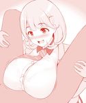  1girl :d blush breasts hair_ornament hairclip heart heart-shaped_pupils heart_hair_ornament hetero huge_breasts jpeg_artifacts monochrome narusawa_ryouka occultic;nine open_mouth paizuri paizuri_under_clothes smile symbol-shaped_pupils uni8 